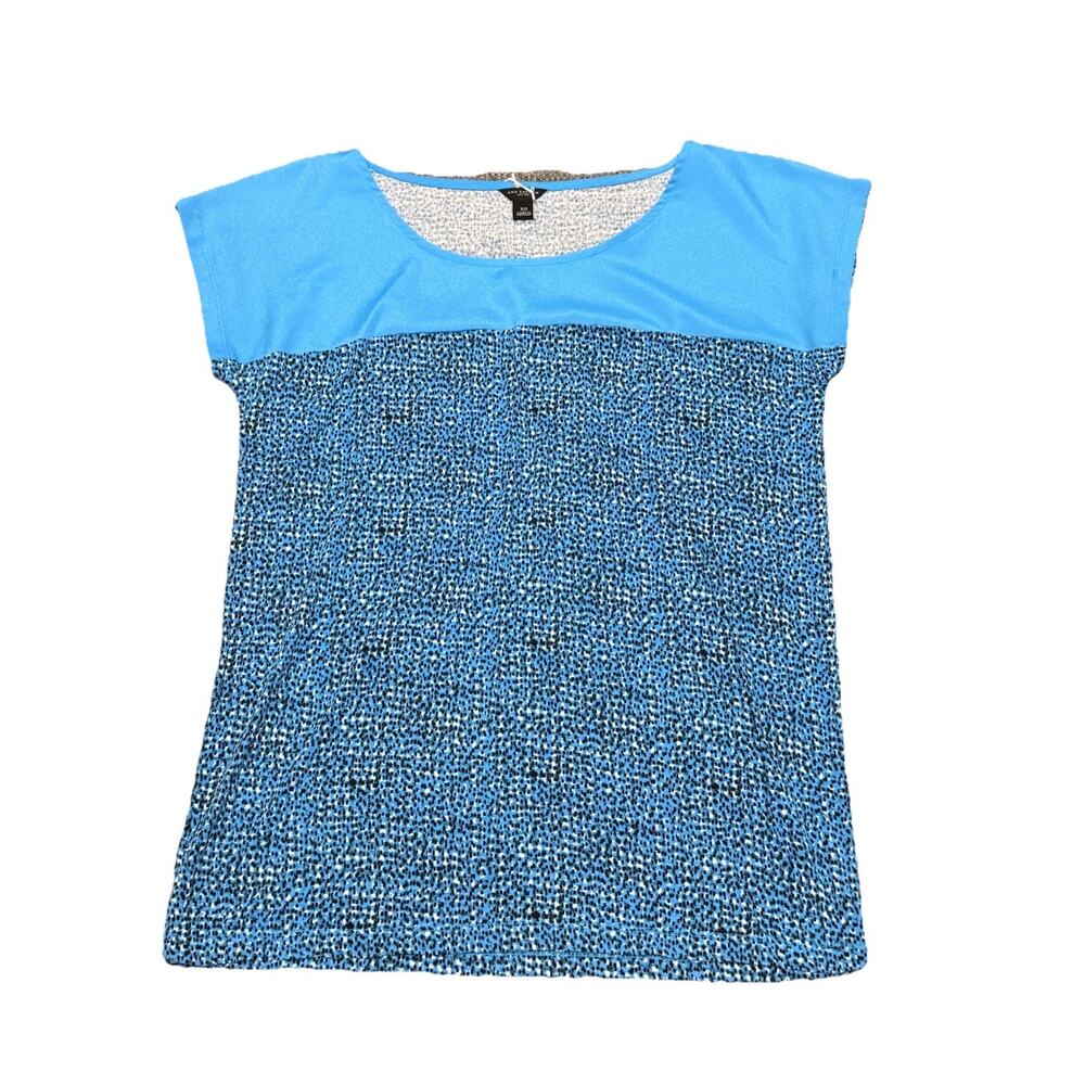 Ann Taylor Blouse Womens XS Blue Connected Dot Pattern Short Sleeve Woven Yoke